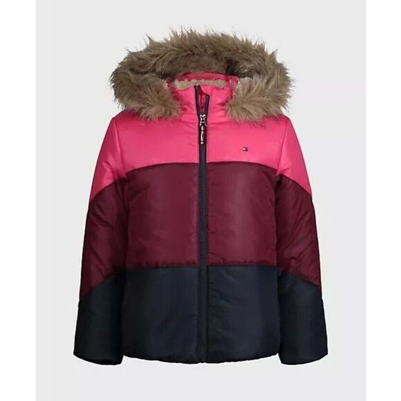 TOMMY HILFIGER FUR-LINED HOOD COLORBLOCK JACKET GIRLS SIZE M 8-10 NWT - Picture 1 of 4